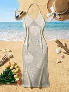 SHEIN Vestido casual de cobertura de vacaciones con escote halter y recortes para niña preadolescente de unicolor - Albaricoque - Ver 7