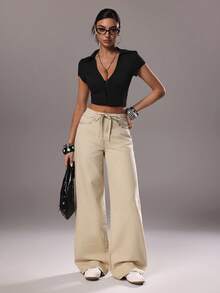TRNVIE Fashionable Casual Vacation Style Rivet Lace-Up Low Waist Wide Leg Jeans - Khaki - View 6