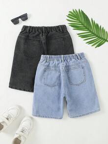 SHEIN 2件套青少年男童时尚返校街头风混搭百搭设计复古酷炫街头宽松舒适清爽蓝黑牛仔阔腿直筒短裤，适合青少年男童日常穿着以及春夏锐舞节和街头服饰。 - 彩色 - 查看 2