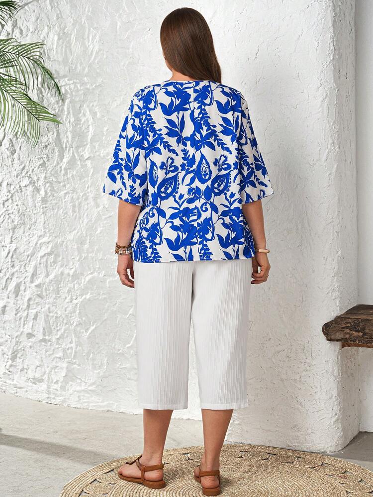 Plus Size Women Plant Print V-Neck 3/4 Sleeve Shirt And Pants Set, Vacation/Summer,Summer Dresses For Women,Spring Outfit Women ,Vacation Outfits Women Plus Size Resort Wear Modest Summer Tops Wide Leg Pants Woman Plus Pleated Pants Plus Size Summer Sets Capri Pants Set Capris Two Pieces Set Summer Pants Sets For Women Plus Size Capri Sets Two Pieces Set Women Plus Size Summer Capri Outfit For Women Blouse And Pants Terno Women Plus Size Summer Outfit For Women Plus Size Ladies Summer Holiday Clothes Women's Summer Outfits Women Vacation Outfit Sets Women's Summer Outfits Women's Summer Co Ord Women's Shirts For Summer Santorini Outfit For Women