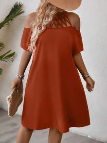 EMERY ROSE 大码女式纯色露肩吊带休闲连衣裙，适合约会、度假、旅行 - 橘色 - 查看 5