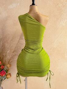 SHEIN WYWH 新款度假风扭肩修身抽绳迷你连衣裙，波西米亚风，度假风，秋季女装，复古风，假日风 - 綠色 - 查看 6