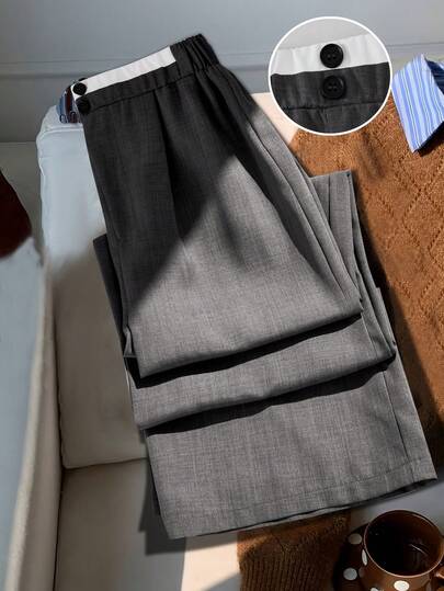 SHEIN Pantalones rectos de pierna ancha con bloqueo de color, cintura elástica y botones, adecuados para primavera y verano, para adolescentes