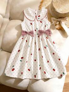 Đầm bé gái in hình quả anh đào, cổ polo, họa tiết kẻ caro tương phản, dáng chữ A thắt eo, điểm nhấn nơ, thích hợp cho kỳ nghỉ thường ngày. - Nhiều màu - Xem 3