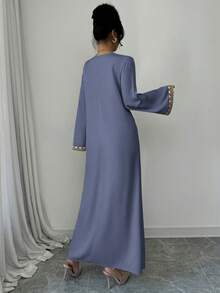 Al Najma Đầm dài tay cổ chữ V dáng rộng in họa tiết kiểu Ả Rập dành cho nữ - Màu xanh bụi bặm - Xem 2