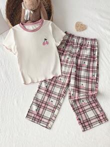 女童罗纹水果刺绣圆领短袖上衣和格子印花裤儿童睡衣套装 - 白色 - 查看 1
