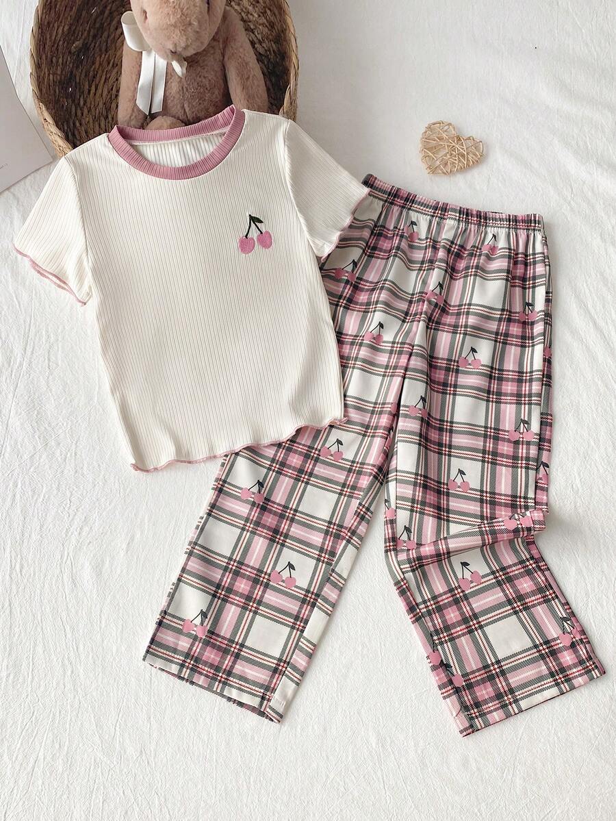 女童罗纹水果刺绣圆领短袖上衣和格子印花裤儿童睡衣套装 - 白色 - 查看 1