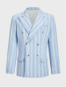 HIMLAND Chaqueta de traje de manga larga de doble botonadura a rayas y pantalones para hombre, conjunto de vestir casual para oficina y uso diario - Azul y blanco - Ver 6