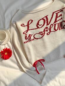 SHEIN EZwear Spring Letter Jacquard Knit Pullover Sweater - Apricot - View 6