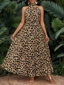 SHEIN Lady 女士夏季度假豹纹腰带系带露背中长连衣裙 - 彩色 - 查看 3