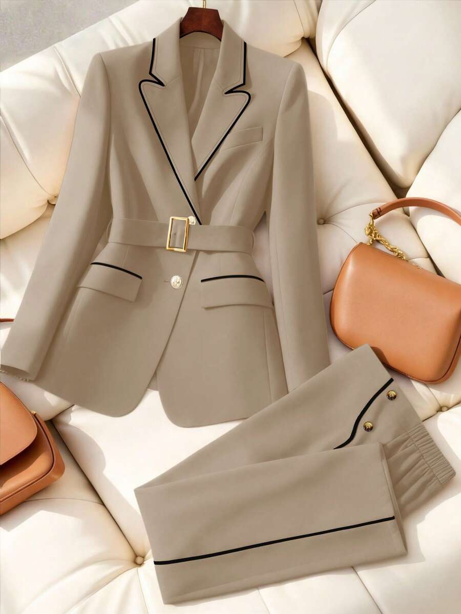 Women's Plus Size Notched Collar Single-Breasted Metal Buckle Belt Design Long Sleeve Jacket And Pants Formal Business Suit Set - Khaki - View 1