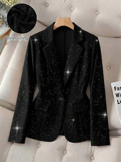 GlowEve CURVE Plus Size Women's Fashion Business Commute Jacket, Decorated With Silver Sequins, Lapel Collar, Decorative Buttons
