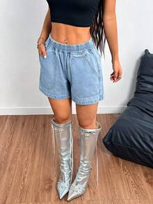 少女Y2K轻薄时尚水洗弹力腰修身宽松牛仔短裤，适合夏季休闲、上学、校园、大学、夏季穿着，也适合春夏波西米亚风、季节复古/海滩/海边/优雅毕业季、休闲、暑假、春季、海滩、假期、情人节、暑假、海滩假期、返校、毕业季等场合。 - 淺色水洗藍 - 查看 6