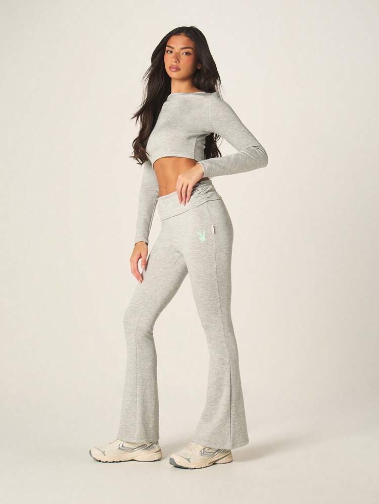 Missguided x Playboy Cozy Long Sleeve Boat Neck Crop Top And Flare Leg Leggings Pajama Set For Lounging Sleepwear