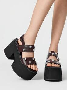 ROMWE Grunge Punk 女士朋克风 Y2K 性感优雅坡跟厚底凉鞋，哥特复古双带花卉水晶扣，罗马角斗士粗跟，弹性踝带，露趾，派对、夜总会、节日舒适女鞋。 - 棕色 - 查看 1