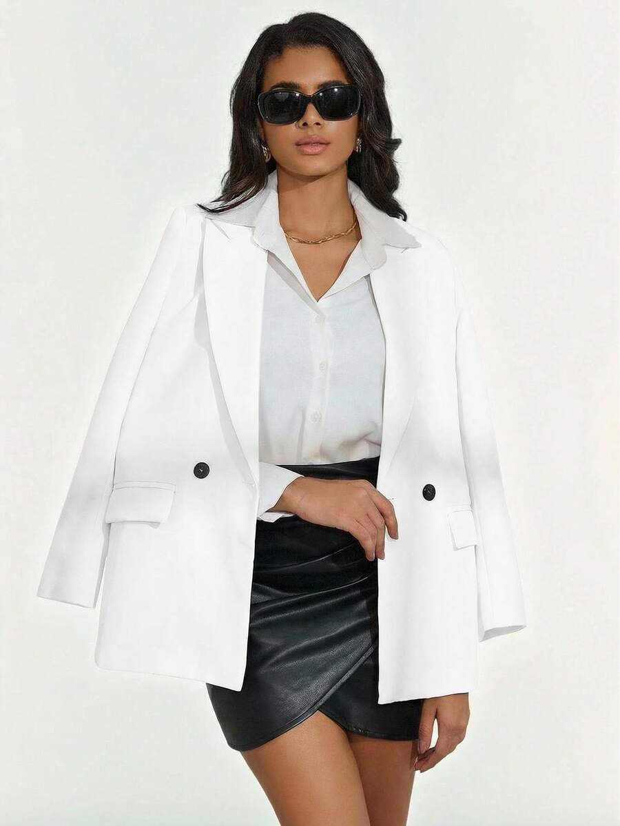 Aveloria Modichic Áo blazer cổ ve lật hai hàng khuy cổ điển, màu trơn, thiết kế đơn giản, dễ phối đồ. - trắng - Xem 1