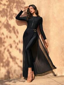 Swim Shayni Women's Modest Black Solid Color Zipper Long Sleeve Top And Long Pants Burkini Set With Skirt,Summer Beach Vacation Wrap Around Dresses For Party - Black - View 3