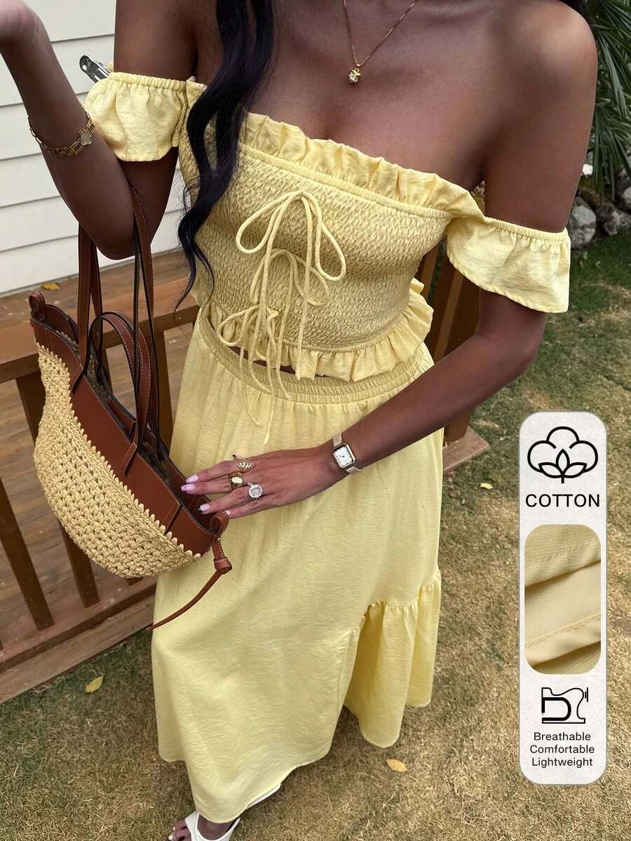 Livesso Women's Pale Yellow Summer Boho Beach Vacation Holiday Ruffle Trim Tie-Up Top And Casual Skirt 2-Piece Set,Off The Shoulder Vacation Outfits - Yellow - View 1