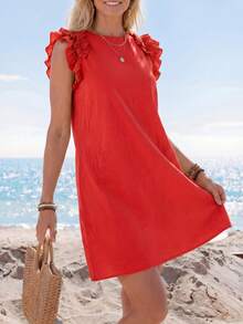 EMERY ROSE Holiday Woven Solid Color Ruffle Trim Decorated Mini Dress For Women - Red - View 5