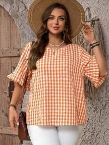 EMERY ROSE Blusa holgada de manga corta con cuello redondo, volantes y estampado a cuadros, talla grande, para verano - Naranja - Ver 5