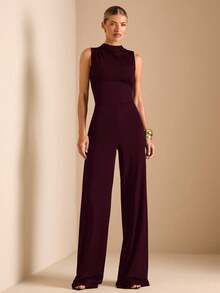 ATUI Studio 优雅无袖褶皱阔腿连体裤，黑色，百搭，适合日常穿着、约会、外出、派对、聚会——不对称连体裤、阔腿连体裤、情人节连体裤、日常连体裤、优雅连体裤 - 紫紅色 - 查看 4