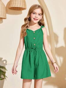 Jumpsuit Kasual Musim Panas Warna Hijau untuk Anak Perempuan Remaja, Rompi Bertekstur Tenun Gaya Rompi dengan Kancing Depan, Gaya Pastoral untuk Jalan-jalan Musim Semi & Minum Teh - Hijau - View 6
