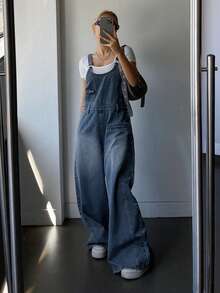 Livesso Women's Pocket Design Loose Casual Denim Jumpsuit - Dark Wash - View 7