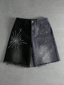 ROMWE MEN Street Life Spring/Summer Casual Graphic Men'S Contrast Color Rhinestone Pocket Fashionable Versatile Casual Commuting Denim Shorts - Black - View 7