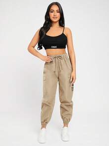 SHEIN PETITE 女裝字母印花工裝長褲 - 卡其色 - 查看 4