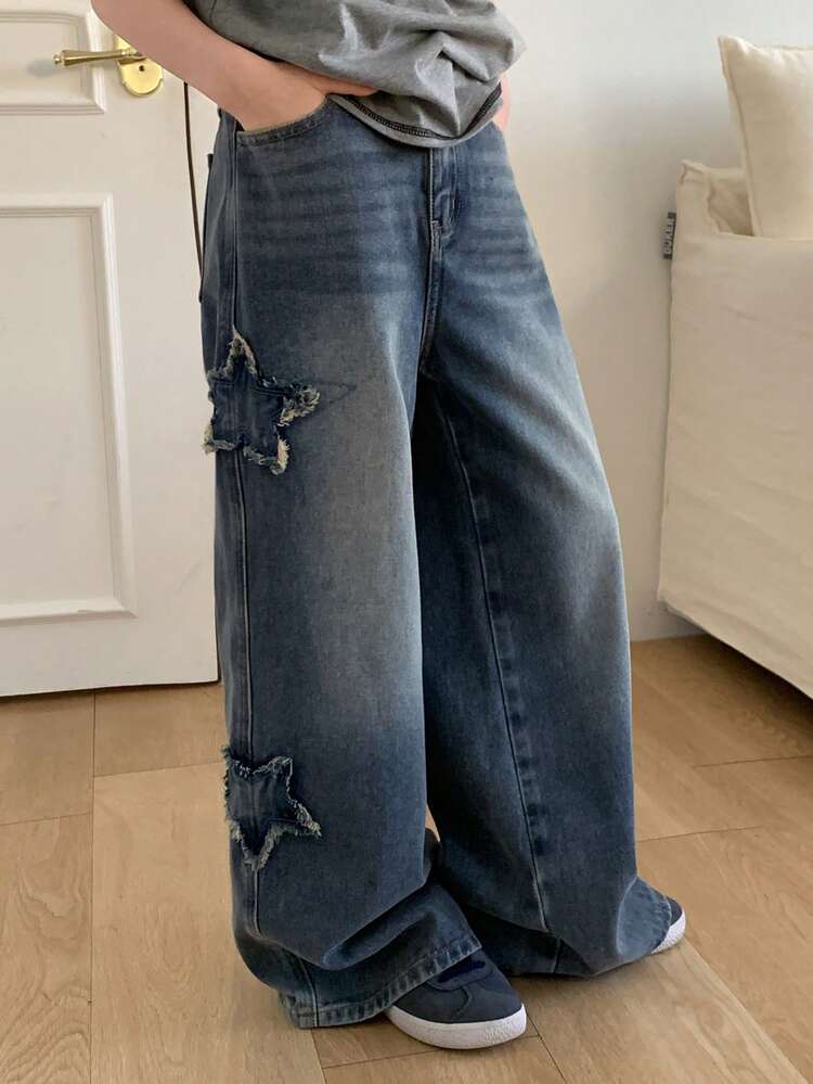 Tween Girls Five-Pointed Star Decorated Denim Jeans