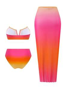 Swim Oasis 女款粉橘色抹胸泳衣套裝，附網紗長裙與純色泳褲，夏季休閒海灘度假穿搭套裝 - 彩色 - 查看 2