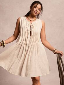 Freevana Bohemian Sleeveless Pleated V-Neck Drawstring Loose A-Line Dress, Minimalist Relaxed Linen Casual Short Dress, Summer - Apricot - View 5