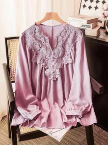 Lacomfia Áo kiểu nữ tay dài thêu họa tiết, thanh lịch, lãng mạn, đa năng, cỡ lớn. - Hồng - Xem 1