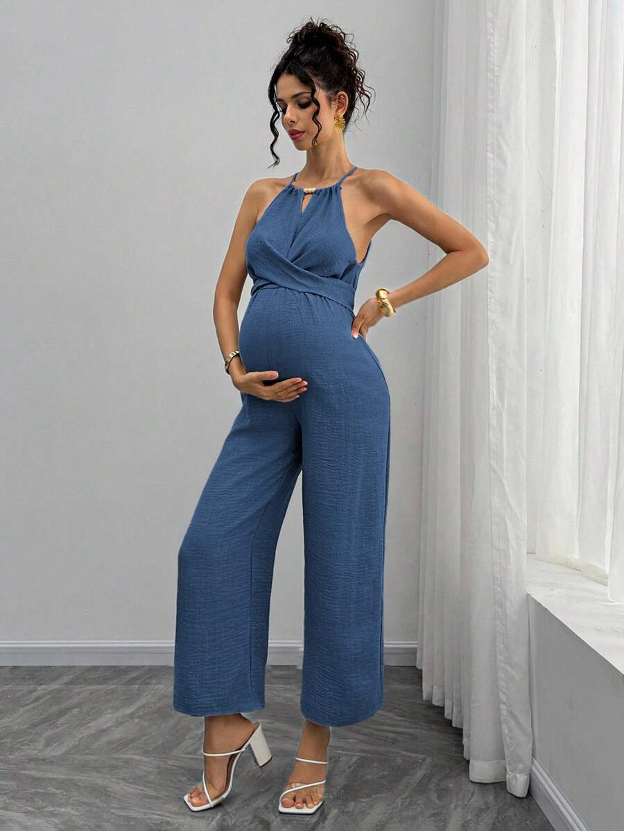 Momance Bộ áo liền quần bầu với cổ yếm đính hạt gỗ, chi tiết nơ buộc phía trước eo, quần dài đến mắt cá chân. - Rửa trung bình - Xem 1