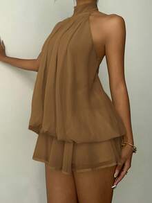 Aloruh Women's Elegant Light Yellow Halter Neck Tie Mini Dress ,Summer Dress - Khaki - View 3
