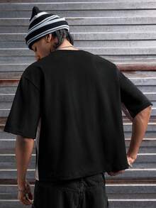 AXEPEAK 男士十字绣撞色圆领短袖休闲T恤 - 黑色 - 查看 4