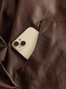 HIMLAND Men's Coffee Brown Western Style Polyurethane Jacket With Collar Long Drop Shoulder Sleeves And Zipper Details - Coffee Brown - View 6