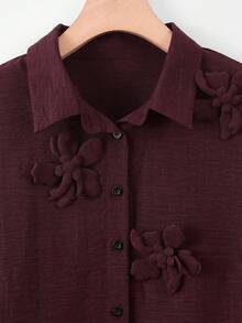 Lacomfia 2pcs/Set Casual Solid Color 3D Floral Decor Long Sleeve Loose Blouse And Elastic Waist Wide Leg Pants, Plus Size, Spring/Autumn - Maroon - View 5