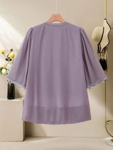 Lacomfia Plus Size Chiffon Ruffle Trim 3/4 Sleeve Fitted Casual Blouse, Spring/Summer - Mauve Purple - View 2