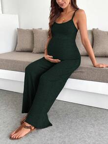 SHEIN Pregnant Women's Solid Color Ribbed Casual Everyday Jumpsuit With Wide Leg - Army Green - View 5