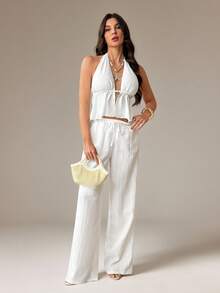 SHEIN Tall 两件套服装，包括系带露背吊带背心和阔腿抽绳裤，适合夜店、度假、海滩、锐舞派对、夏威夷海岛度假等场合。 - 白色 - 查看 7