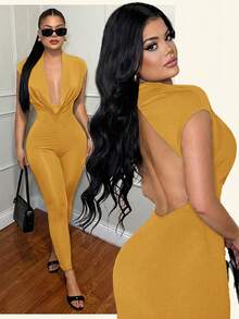 SHEIN SXY Bộ jumpsuit hở lưng màu trơn cổ khoét sâu gợi cảm - Màu vàng - Xem 5