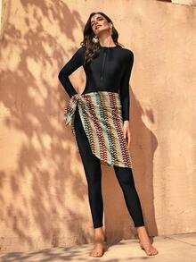 Swim Mulvari Conjunto burkini de top de manga larga con cremallera y pantalones largos de unicolor con falda, adecuado para vacaciones en la playa - Negro - Ver 4