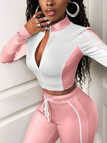 SHEIN BamGlam Ensemble décontracté 2 pièces pour femmes, design blocs de couleurs, veste zippée à manches longues et pantalon à cordon de serrage, automne - Rose bonbon - Voir 3