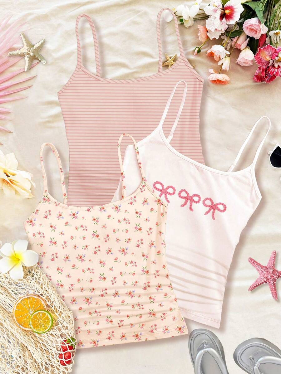 Bộ 3 món cho bé gái tuổi teen, phong cách thường ngày thanh lịch: Áo hai dây xếp ly họa tiết hoa nhí, sọc hồng nhạt, trang trí nơ, thích hợp mặc hàng ngày, ở nhà hoặc đi nghỉ mát vào mùa xuân/hè. - Nhiều màu - Xem 1