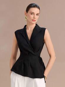 Uhlyne 女士简约亚麻V领无袖系带褶裥上衣 - 黑色 - 查看 5