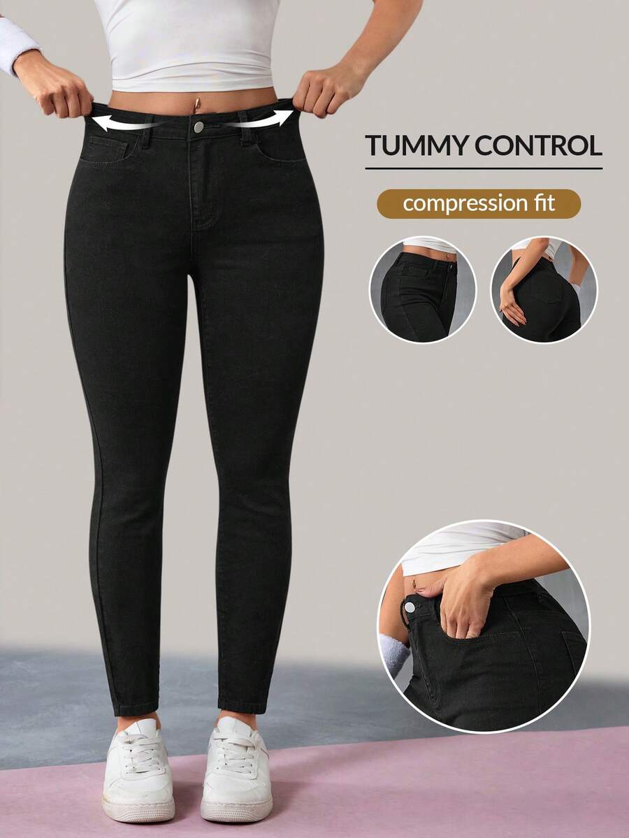 Slaydiva Women's High Waist Casual Versatile Skinny Jeans With Pockets - Black - View 1