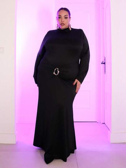 Pretty and Ole Christmas Plus SizeElegant Solid Color Mermaid Dress For Party , Stand Collar Mesh Black Ruffled Gathered Black Long Dress,Fall Women Clothes,Dresses For Women Elegant,Boho,Hawaii Outfits Women,Birthday Dresses,Going Out Dress,Old Money Dress, Long Sleeve Maxi Dress