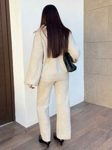 Hitanina 2件套女士休闲翻领毛衣和裤子套装，秋季 - 米色 - 查看 2