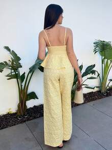 Hitanina 2件套女士优雅提花吊带背心和裤子套装，夏季 - 黃色 - 查看 2